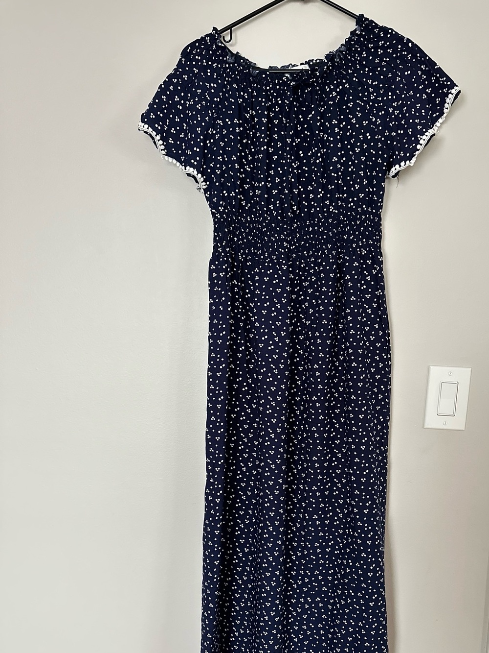 Women’s Navy Midi Dress with White Ditsy Floral Print and Smocked Waist